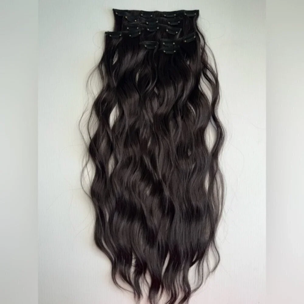Dark Brown Water Wave Clip in Hair‎ Extensions - Human hair Blend